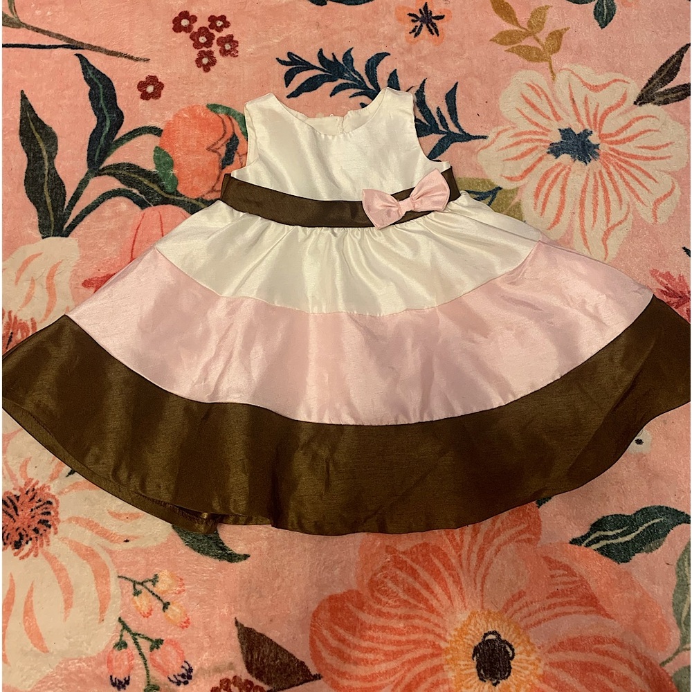 Rare Editions Pink White Brown Tiered Dress with Bow Accent